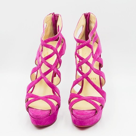 Christian Louboutin Heels Balota Fuchsia Hot Pink Multi Strap Suede Booties 37 - Picture 3 of 7